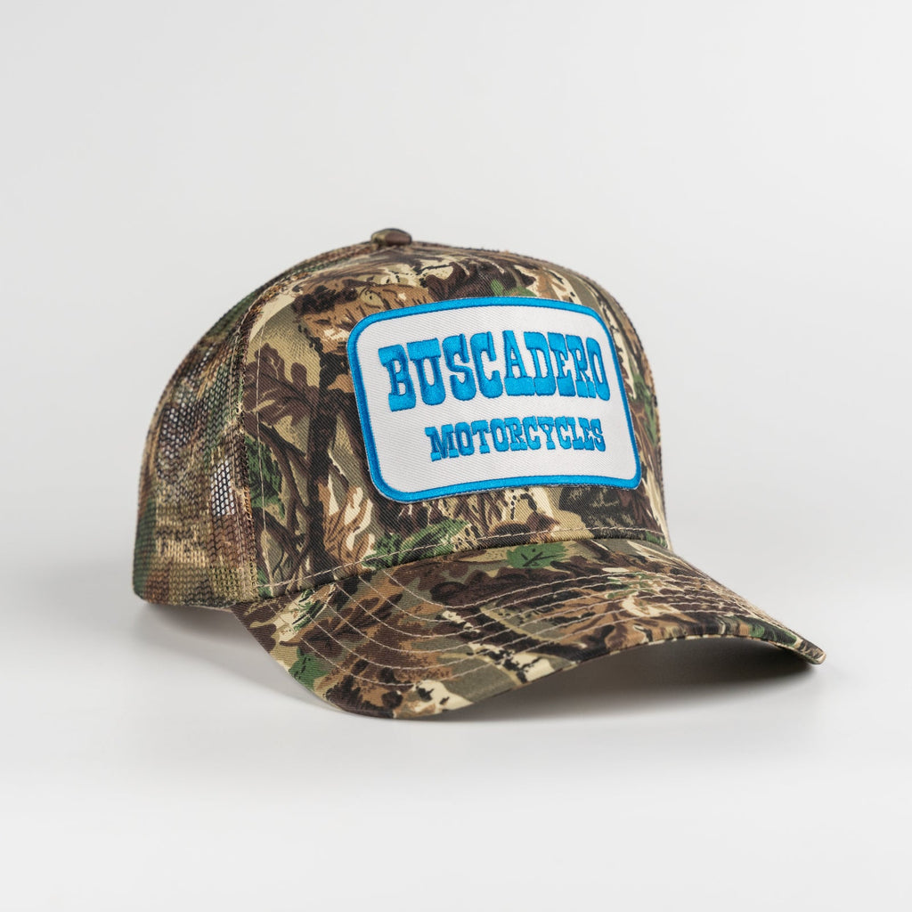 'Blue Barrel' 5 Panel Mid Profile Mesh Trucker Hat - Camo