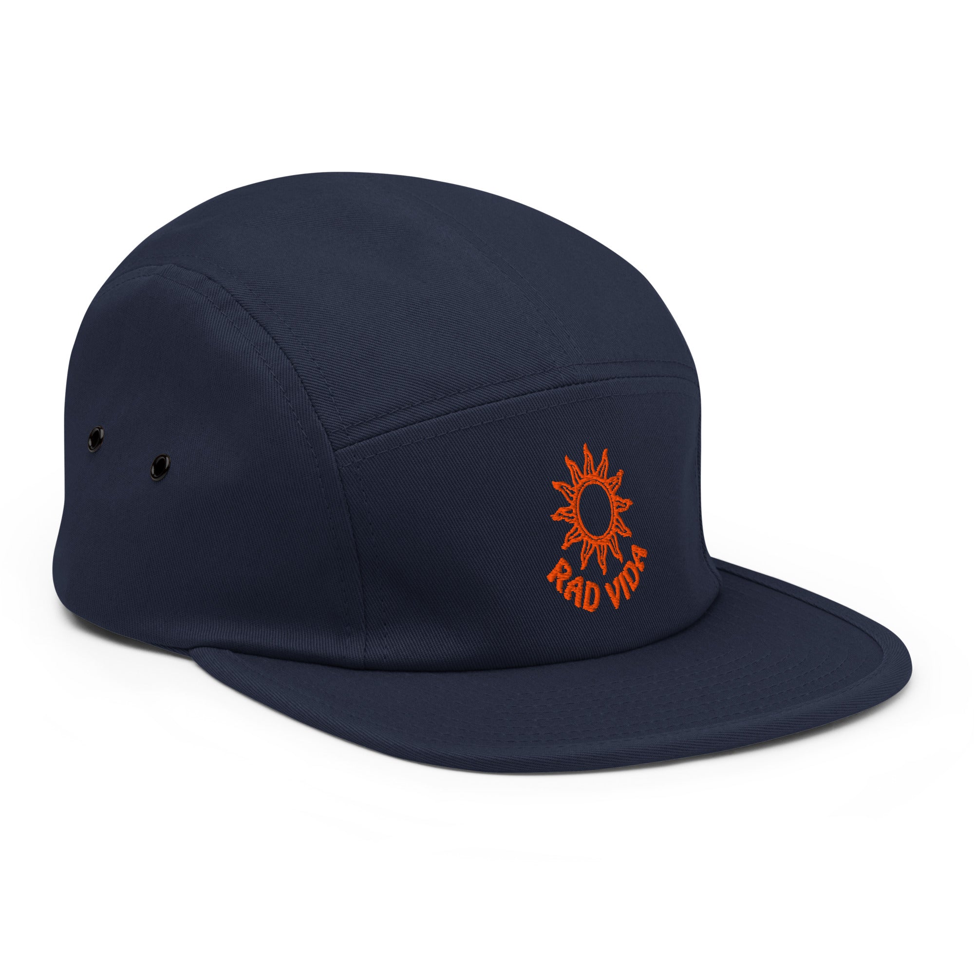 Rad Vida Horizon Cap navy blue 5-panel camper hat with embroidered sun logo