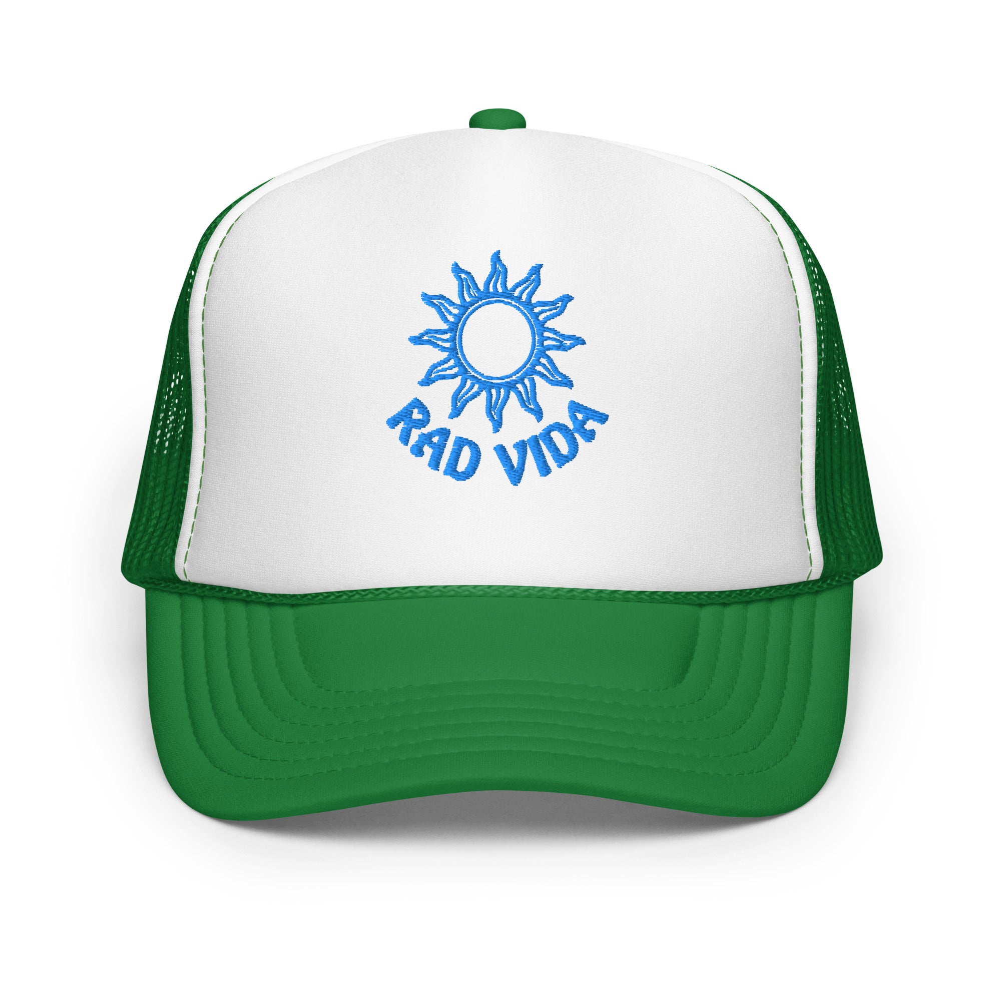 Rad Vida green and white foam trucker hat with blue sun logo