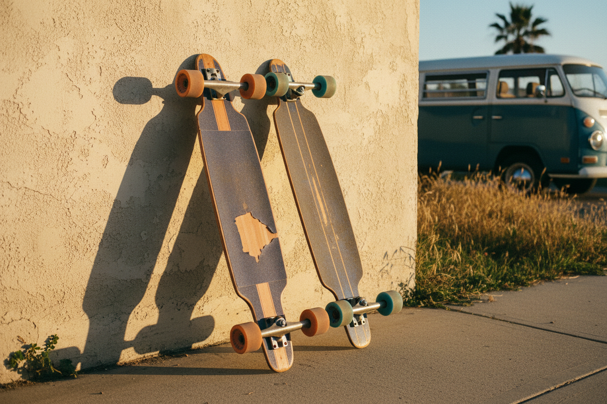Longboards on sun-baked stucco wall